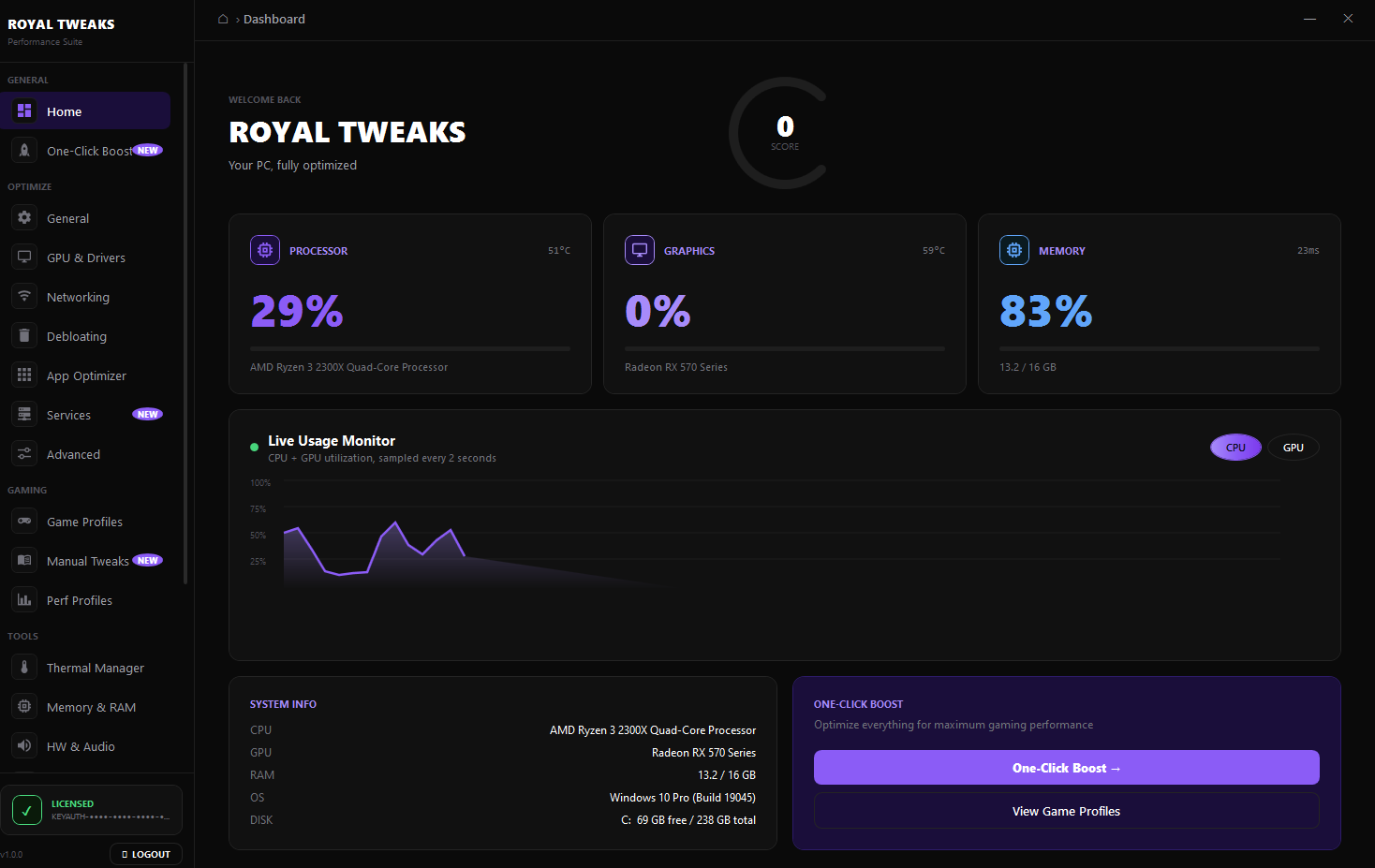 Royal Tweaks dashboard showing live CPU, GPU and memory usage with a one-click boost panel